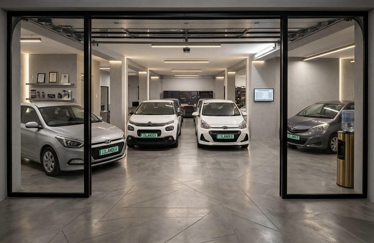 The Islander showroom in Bugibba at night, hire cars ready for collection